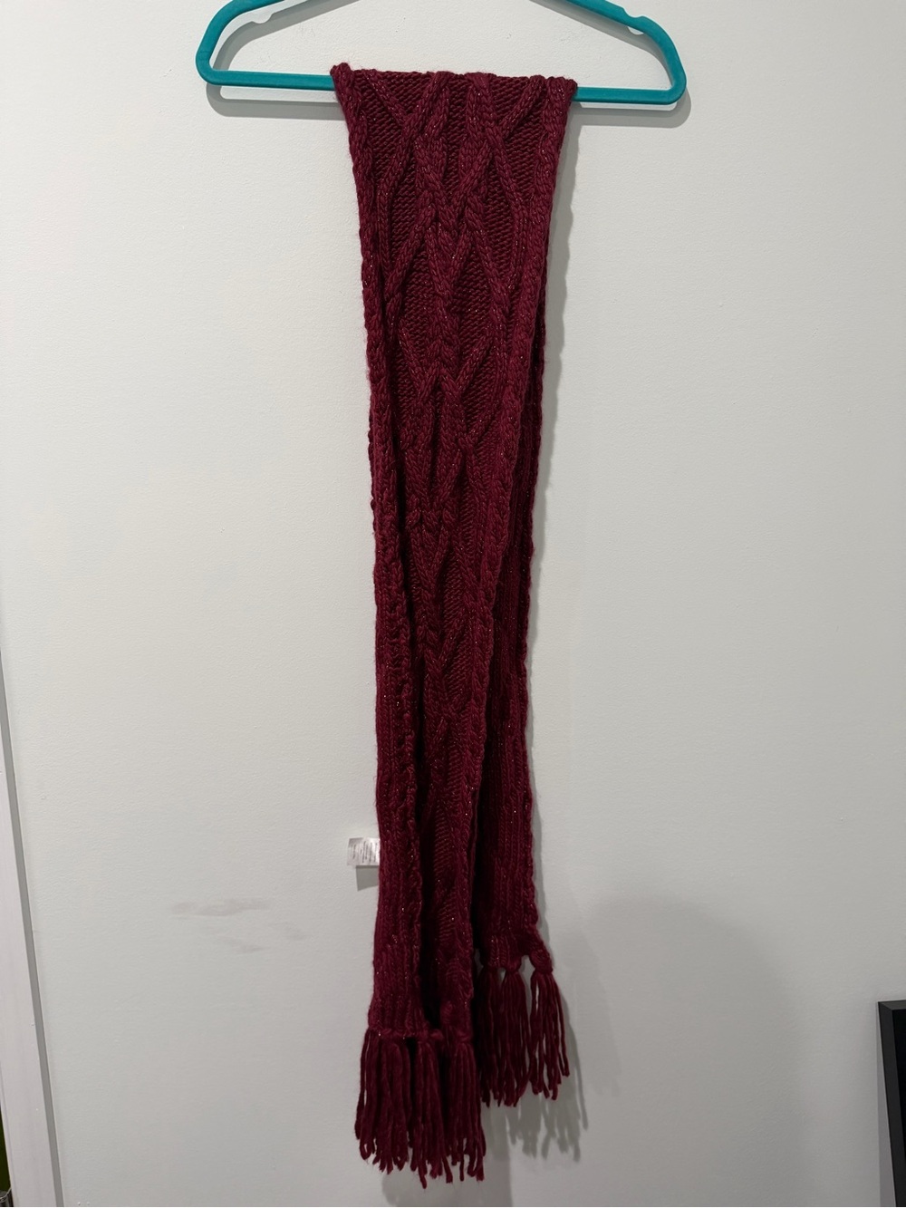 Cable Knit Fringe Scarf and Headband in Deep Burgundy